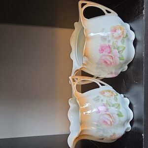 Bavaria Germany Creamer & Sugar Bowl Pink Roses Peach Luster Ware NO LID VTG